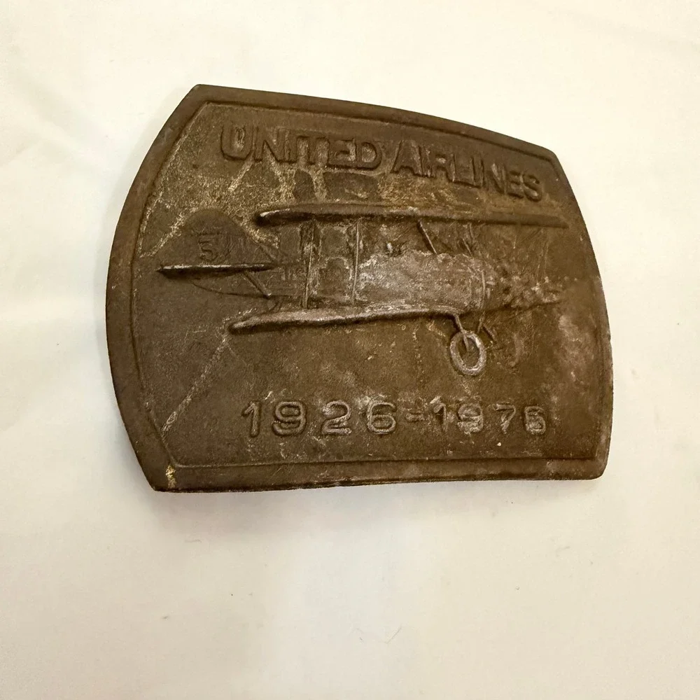 Vintage United Airlines 50th Anniversary Belt Buckle 1926-1976 Biplane Brass